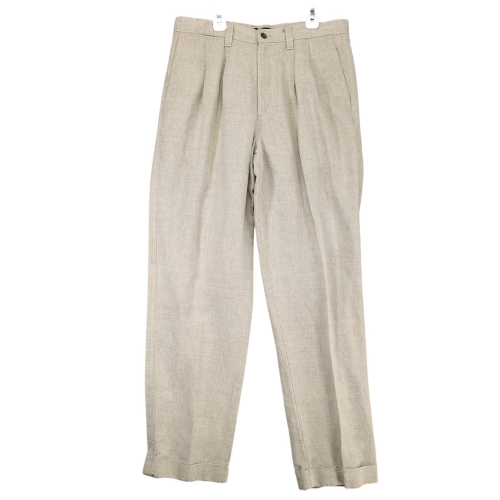 Vintage 90s Dockers Linen Blend Pleated Khaki Pants Mens 33x32" Cuffed Preppy